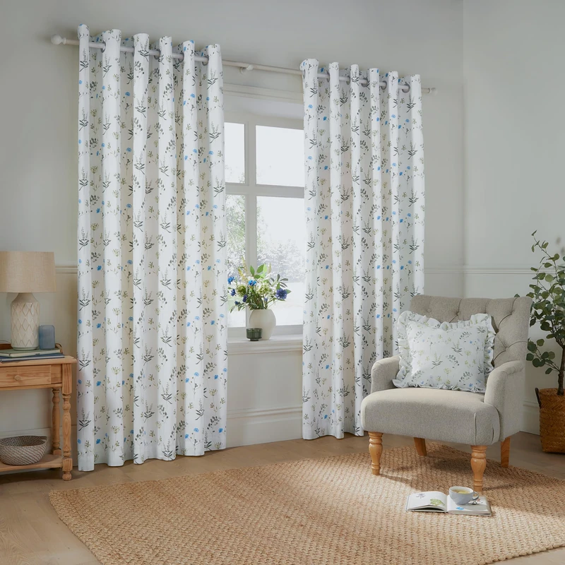furn. Wylder Meadow Eyelet Curtain Pair – 100% Cotton Country Floral Lined Drapes (White/Cornflower - 168x137cm)