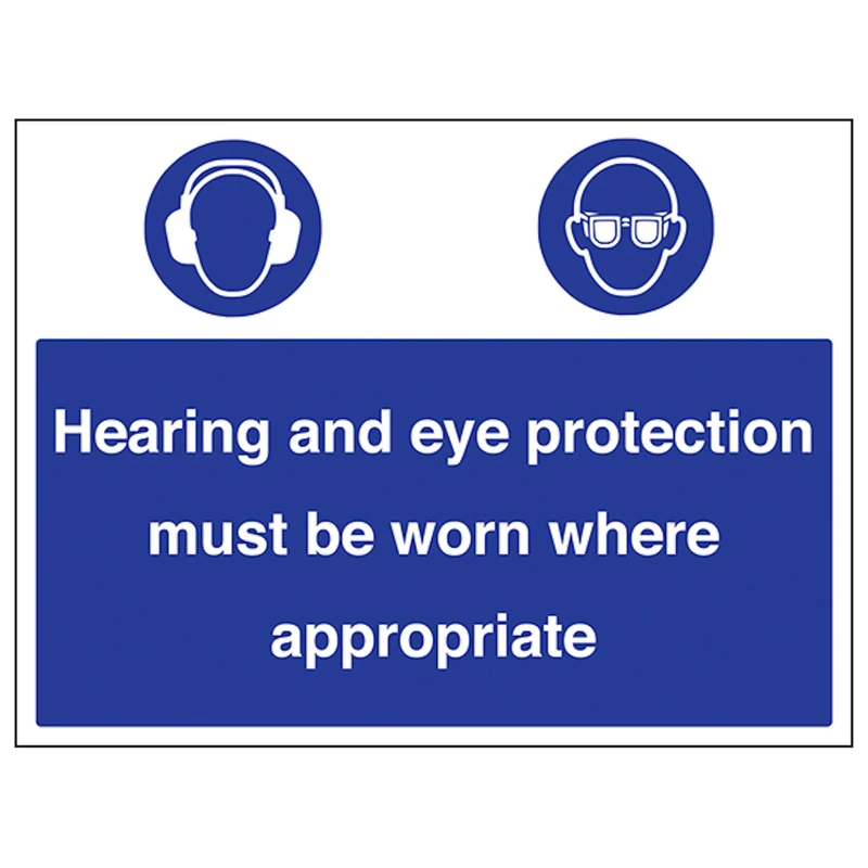 V Safety Hearing/Eye Protection Must Be Worn 600 x 450 mm - Glow In The Dark Self Adhesive Vinyl Safety Sign