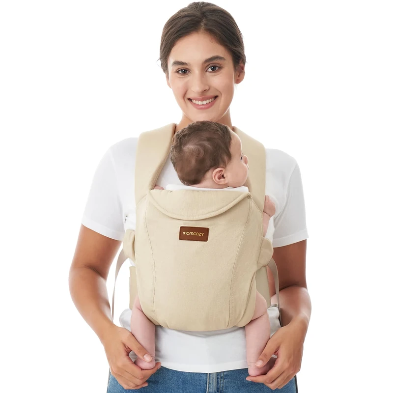 Momcozy Newborn Carrier WeeSnug- Lightweight and Cozy Comfort for 3.2-11.3kg, Ergonomic Cross-Back Support, Effortless to Put On, Hands-Free Baby Carrier with Lumbar Support, Khaki