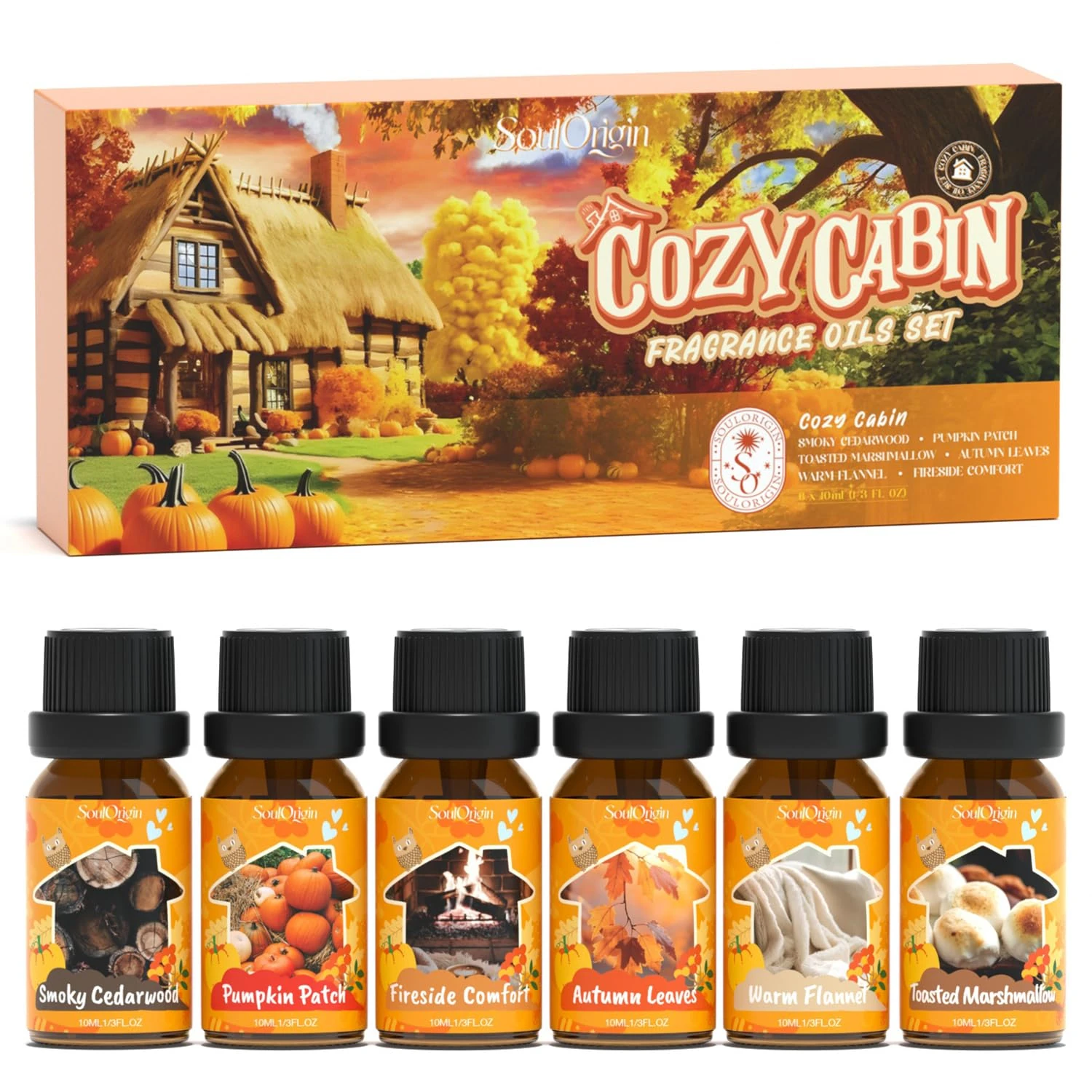 SoulOrigin Fall Cozy Cabin Essential Oils Set, Fragrance Oil for Diffuser, Use for Soap Candle Making-Smoky Cedar Wood, Roasted Marshmallows, Warm Flannel, Autumn Leaves, Pumpkin Patch