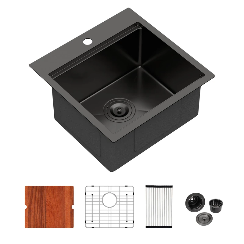 Logmey 18 Inch Black Bar Sink Drop in Kitchen Sink 18x18 16 Gauge Stainless Steel Workstation Single Bowl Topmount Sinks 18x18x9 Inches Overmount Kitchen Sink
