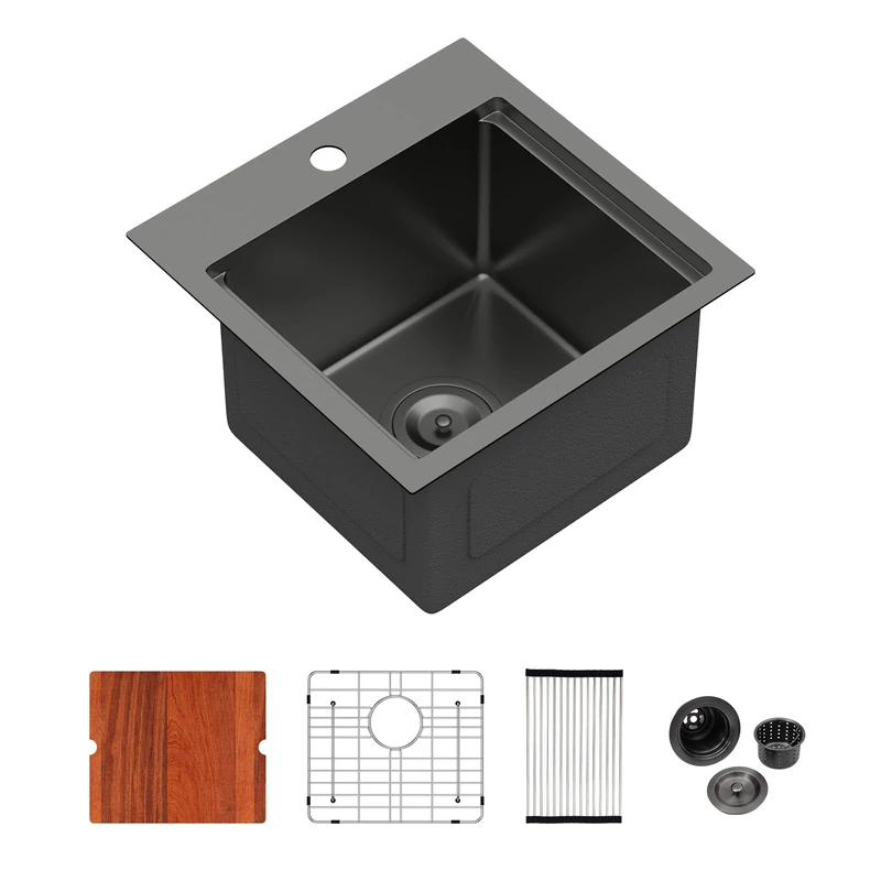 Logmey 15 Inch Black Drop in Bar Sink 15x15 16 Gauge Stainless Steel Workstation Kitchen Sink Single Bowl Topmount Sinks 15x15x9 Inches Overmount Kitchen Sink,Gun Black