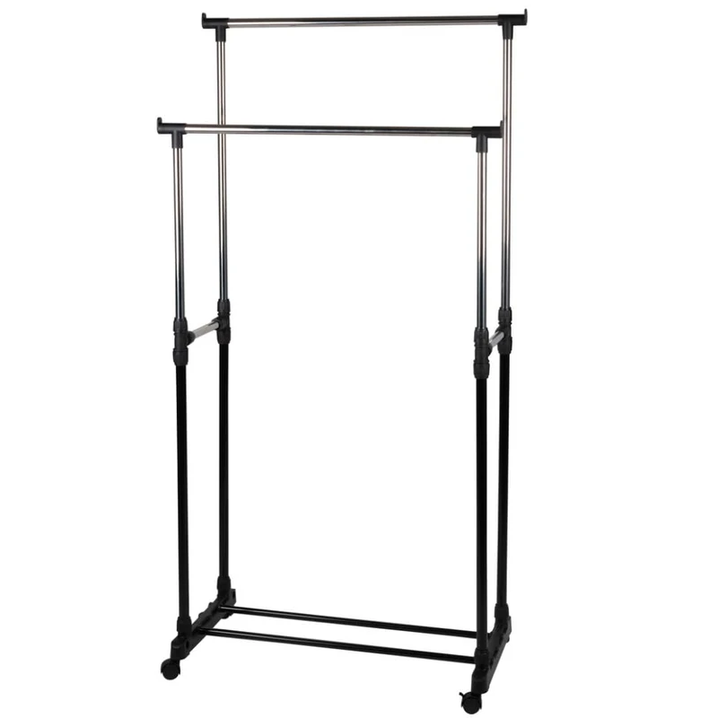 alpina Adjustable Double Mobile Clothes Rail with Wheels and Hooks - Black - Image 1