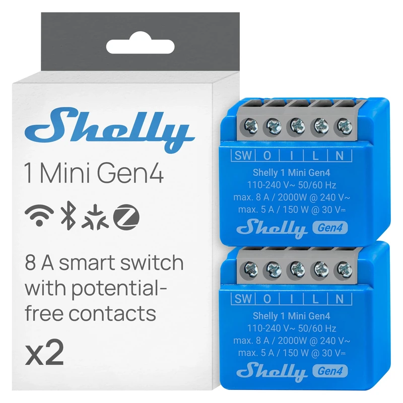 Shelly 1 Mini Gen4 - Wi-Fi Smart Relay Switch, 1 Channel, 8A, Dry Contacts, Home Automation, Garage Door Remote Control, No Hub Required, Matter, Alexa, Google Home, Apple HomeKit, Zigbee (2 Pack)