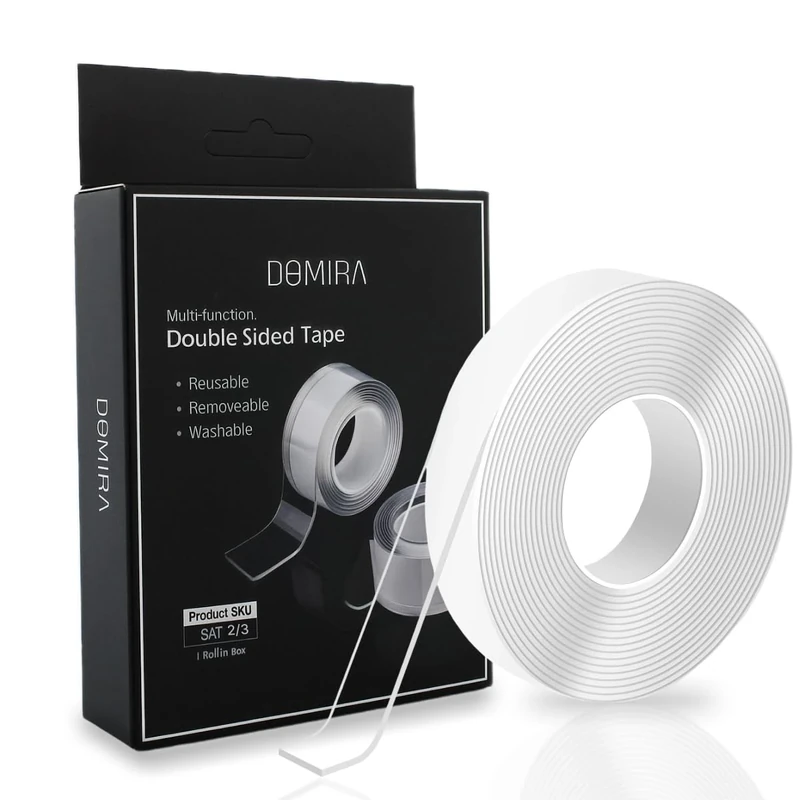 DOMIRA Nano Double Sided Tape Heavy Duty – Wall Safe Transparent Waterproof Reusable Adhesive Elf Tape, 2mm Thickness (3M / 5M Length)