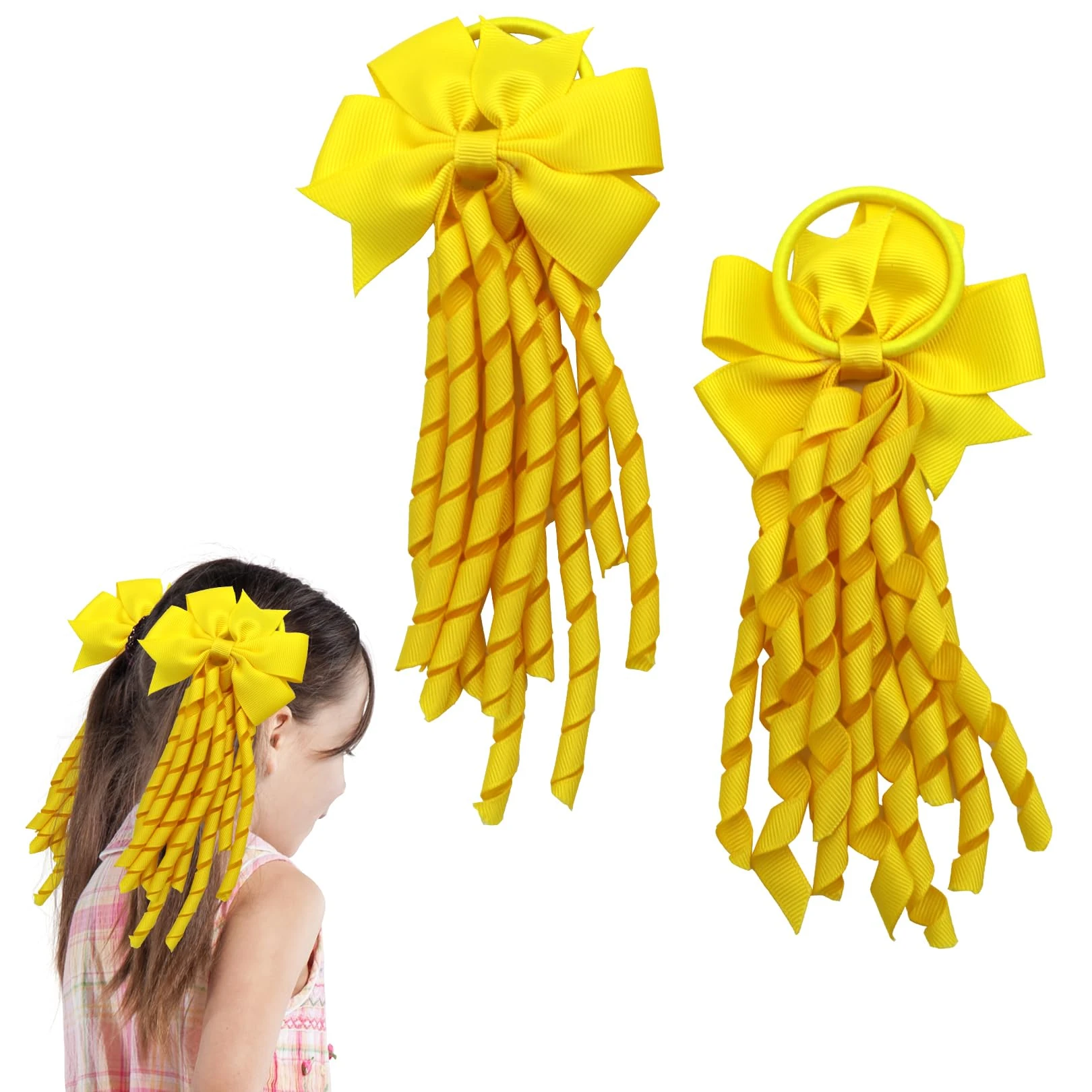 2 Pcs Yellow Hair Accessories School Hair Bow Spiral Hair Ties Girls Bows Ribbon Kit Kids Bands Ribbons Bobbles Band Personalised Yellow Scrunchie Headband,for Girl Toddler Ponytail Curly Streamers