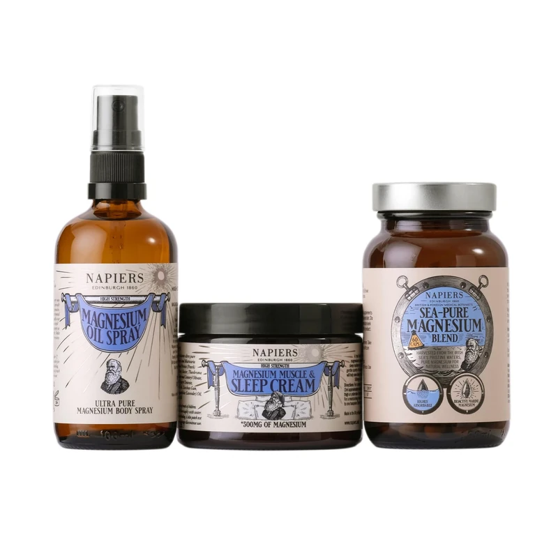 Napiers Magnesium Complex Bundle - Sleep & Muscle Support Cream 100ml, Oil Spray 100ml & 60 Capsules - High Absorption & Relaxation - 3-Piece Set