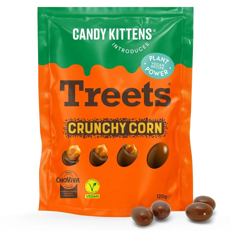 Candy Kittens Vegan Chocolate Crunchy Treets, Crunchy Corn – Plant-Based Snack, Ideal for Sweet Hampers or Pick and Mix, Vegan Sweets Made with Cocoa-Free Choviva Shell - 120g, Pack of 30