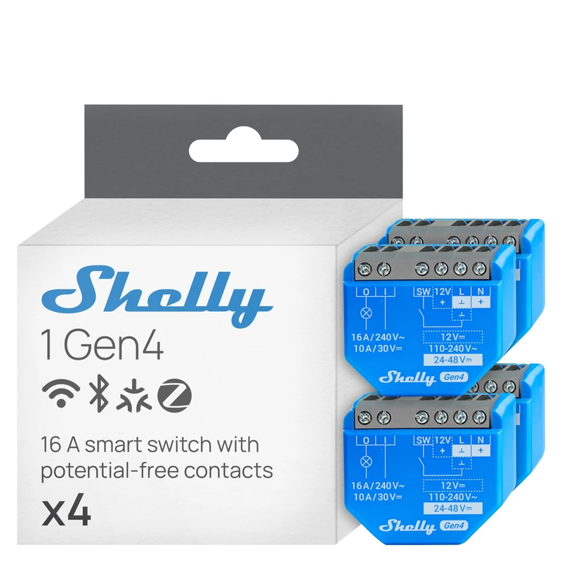 Shelly 1 Gen4 - Wi-Fi Smart Relay Switch, 1 Channel, 16A, Dry Contacts, Home Automation, Garage Door Remote Control, No Hub Required, Matter, Alexa, Google Home, Apple HomeKit, Zigbee (4 Pack)