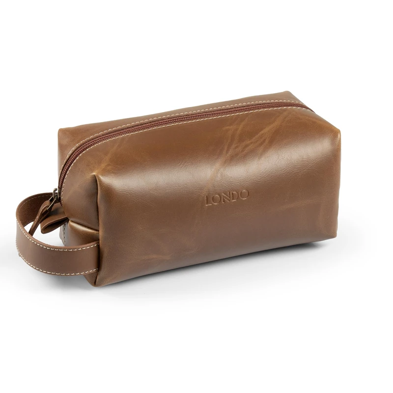 LONDO Leather Cosmetic Makeup Pouch & Travel Watch Box. High Quality Stylish Durable Protective Storage Organizer for Toiletries & Versatile Accessories, Light Brown, Leather Cosmetic Makeup Pouch