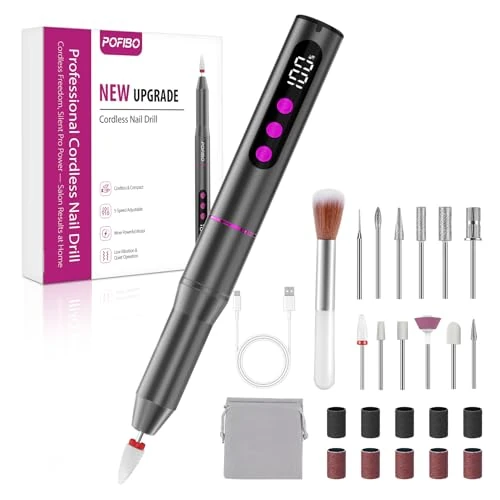 POFIBO Cordless Electric Nail Drill – 12 in 1 Rechargeable Electric Nail File Kit with LCD Display, 5 Adjustable Speeds, 35000RPM, for Acrylic & Gel Nails, Manicure & Pedicure