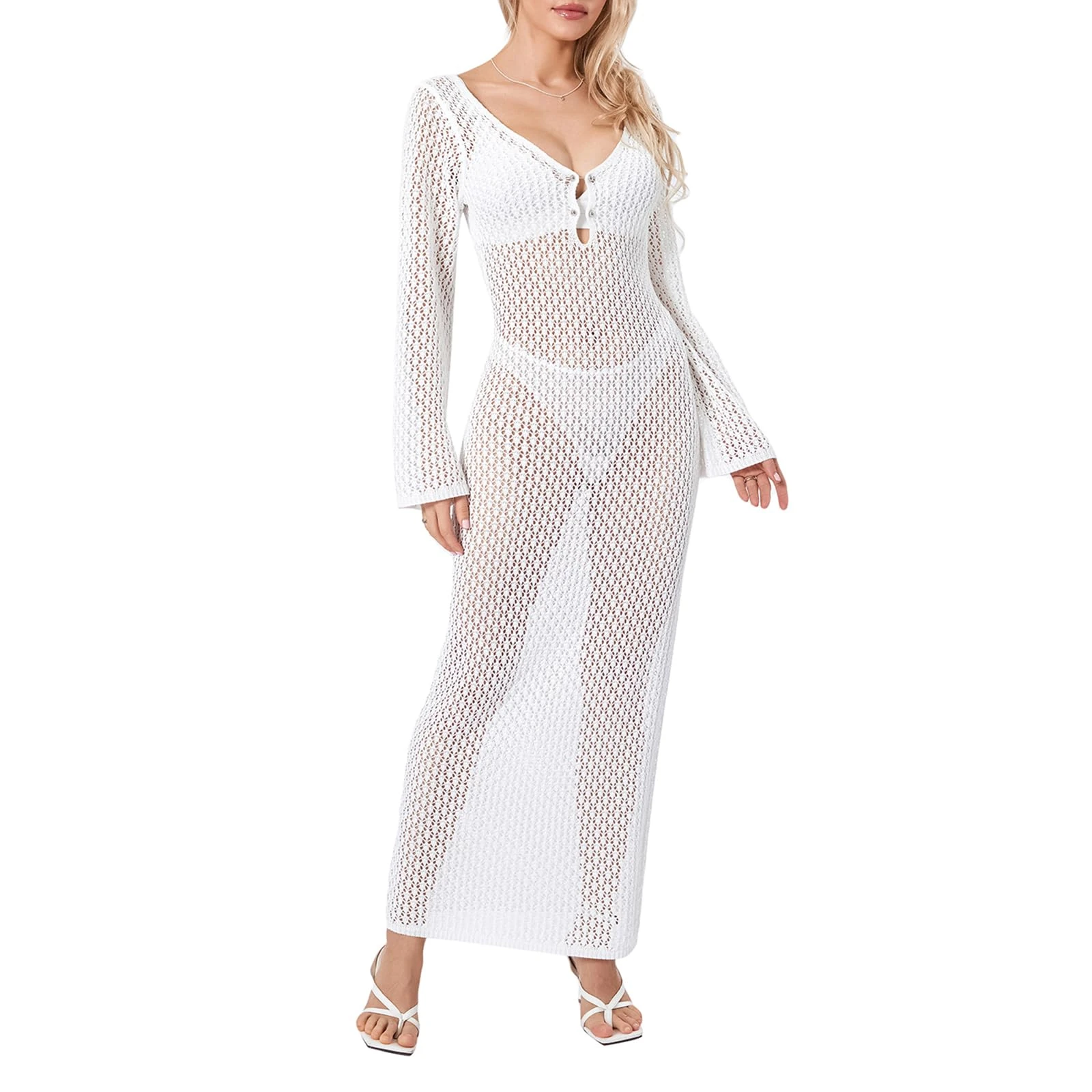 LYSINK Women Crochet Knit Beach Cover Up Dress Long Sleeve Hollow Out Deep V-Neck Bodycon Long Dress Summer Bikini Coverup Dresses (Ba White, L)