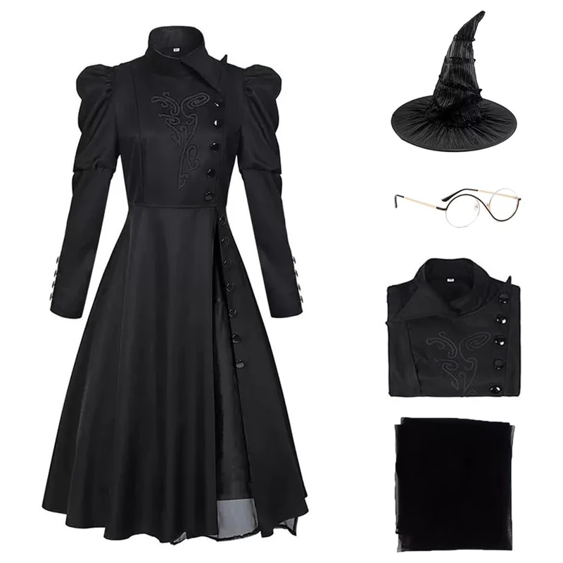 Cuzeolin Elphaba Costume Adult Witch Black Dress with Hat Glasses Halloween Wicked Black Dress Women M