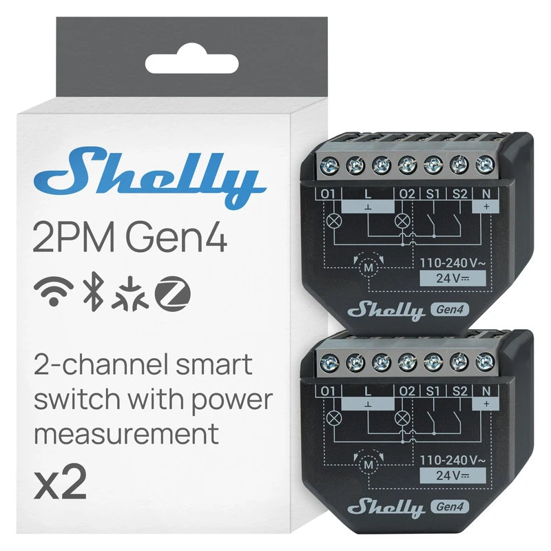 Shelly 2PM Gen4 - Wi-Fi Smart Relay Switch, 2 Channels, 16A Total, Power Metering, Home Automation, Roller Shutter Remote Control, No Hub Required, Matter, Alexa, Google, HomeKit, Zigbee (2 Pack)