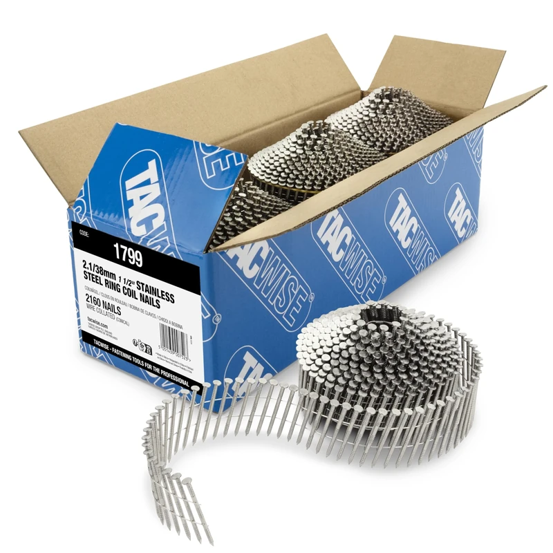Tacwise 1799 Type 2.1/38 mm Stainless Steel Conical Top Coil Nails, Ring Shank, 16° Incline, Wire Collated, Pack of 2160