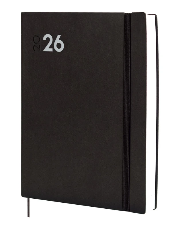 Finocam - Agenda 2026 1 Day Page | January - December (12 months) | 2026 Annual Agenda with Elastic Band and Dot Ribbon| Mara Soft Cover - Black - Spanish