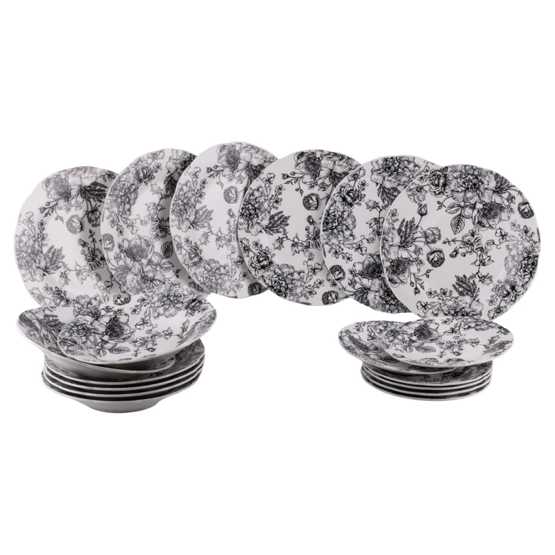 Madame Black 18-Piece Porcelain 6-Seater Dinner Set with Floral Design