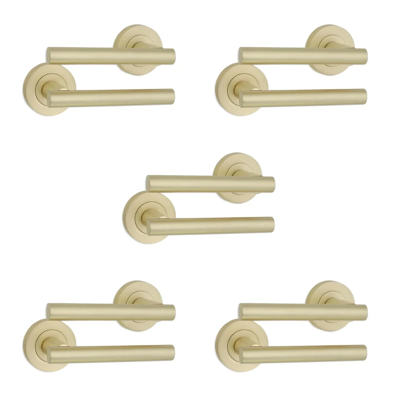Infinity Decor Pack of 5 Straight T-Bar Lever Door Handle on Rose Set Satin Brass Finish - Pull Handles Ideal for Interior & Exterior Wooden Doors