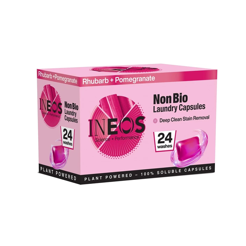 INEOS Non Bio Laundry Washing Capsules, 24 washes, High Performance Stain Remover For Clothes, Plant Powered, Soluble Capsules, For Sensitive Skin, Rhubarb + Pomegranate