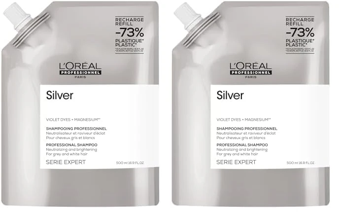 L’Oréal Professionnel Silver Shampoo For Grey, White Or Light Blonde Hair, Neutralising and Brightening, Serie Expert, 500ml Refill (Pack of 2)