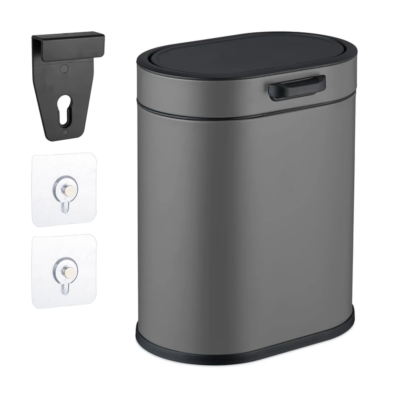 Relaxdays Hanging Kitchen Waste Bin with Lid, 5 L Plastic Wall Dustbin, Grey, 29.5 x 24 x 19.5 cm
