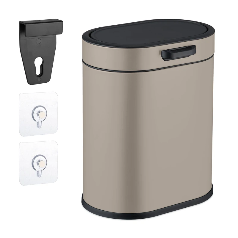 Relaxdays Hanging Kitchen Waste Bin with Lid, 5 L Plastic Rubbish Container, Beige, 29.5 x 24 x 19.5 cm