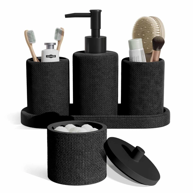 Clara Clark Bathroom Set - Black Bathroom Accessories Set, 5PC Bathroom Accessory Set, Bathroom Sets with Soap Dispenser, Toothbrush Holder, Tumbler, Cotton Swab Jar & Vanity Tray - Image 1