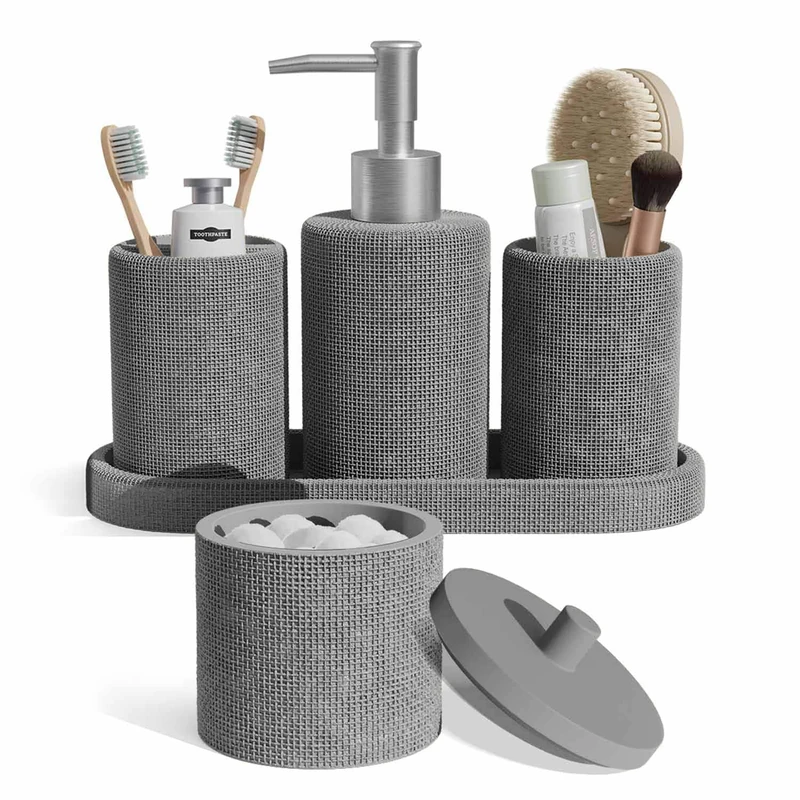Clara Clark Bathroom Set - Grey Bathroom Accessories Set, 5PC Bathroom Accessory Set, Bathroom Sets with Soap Dispenser, Toothbrush Holder, Tumbler, Cotton Swab Jar & Vanity Tray