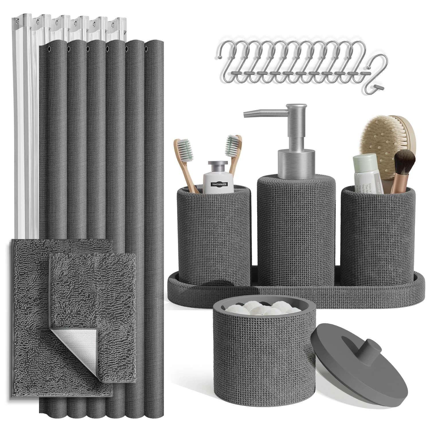 Clara Clark Grey Bathroom Set - Bathroom Sets with Shower Curtain and Rugs, 21PC Bathroom Accessory Set, Shower Curtain Set with Soap Dispenser & Toothbrush Holder