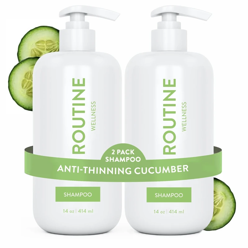 Routine Wellness Anti-Thinning Shampoo for Thinning Hair - Biotin DHT Blocker Women & Men - Color Safe Shampoo for Hair Loss & Healthy Hair - Cucumber (Pack of 2)