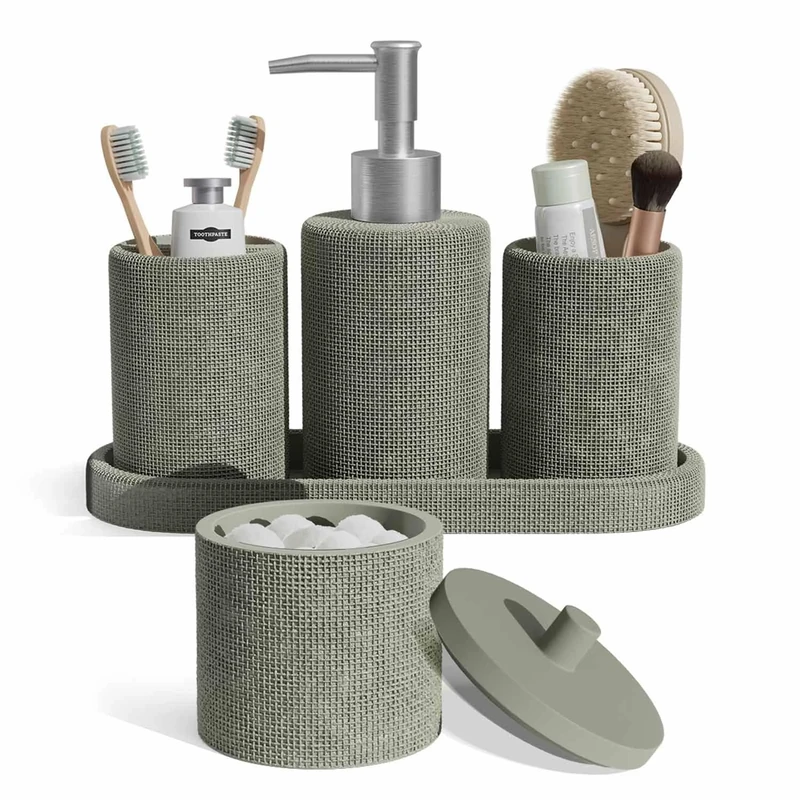 Clara Clark Bathroom Set - Sage Green Bathroom Accessories Set, 5PC Bathroom Accessory Set, Bathroom Sets with Soap Dispenser, Toothbrush Holder, Tumbler, Cotton Swab Jar & Vanity Tray