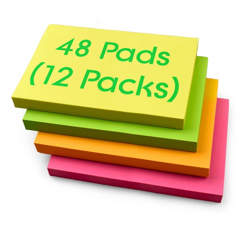 48 Pads Rectangular Sticky Notes 127 x 76 mm (5" x 3") Neon Colours Yellow, Pink, Green, Orange | 100 Sheets per Pad | Self-Stick Notes for Office, School, Home