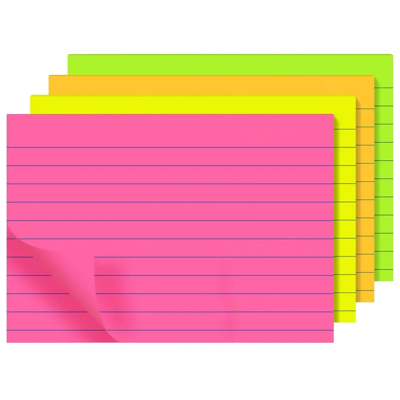 48 Pads Neon (Rectangular) Lined Sticky Notes | 127 x 76 mm (5" x 3") | Neon Colours Yellow, Pink, Green, Orange Lined/Ruled | Self-Adhesive Memo Pads for Office, School and Meeting