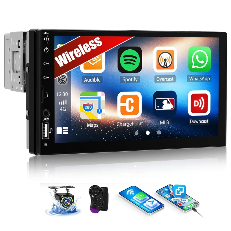 OiLiehu Single Din Car Stereo with Wireless CarPlay Android Auto, 7" Car Radio 1 Din with Touchscreen, MP5 Multimedia Player with Mirror Link, Bluetooth, FM, USB, TF-Slot, EQ, SWC, Backup Camera