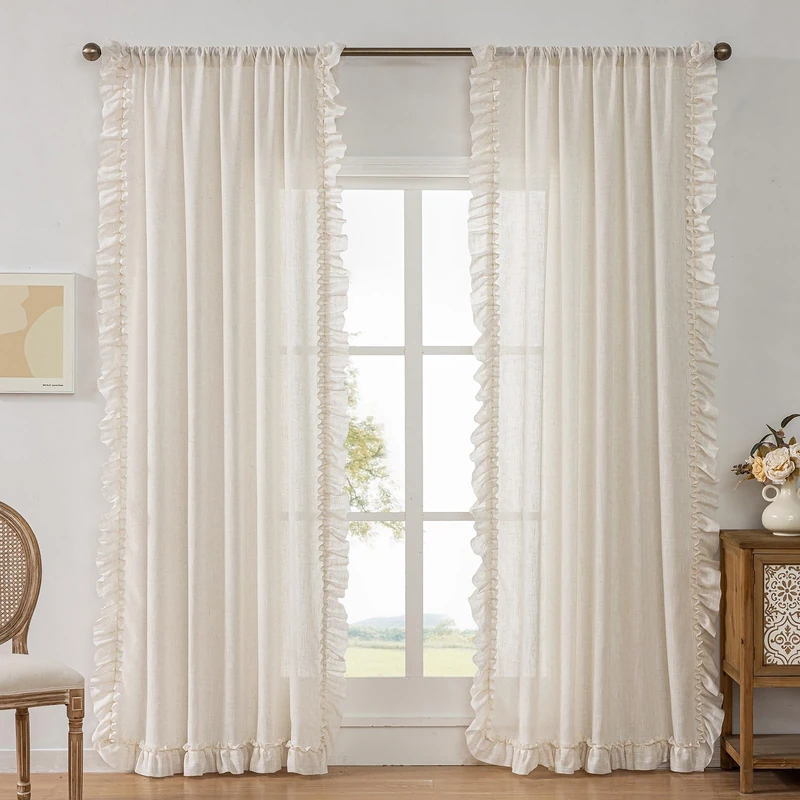 Farmhouse Curtains for Bedroom Living Room 2 Panels Set Linen Ruffle Curtains 96 Inches Long, Rod Pocket Privacy Light Filtering Semi-Sheer Cottage Flowy Scalloped Edge Curtain Drapes, 58 x 96 Inch