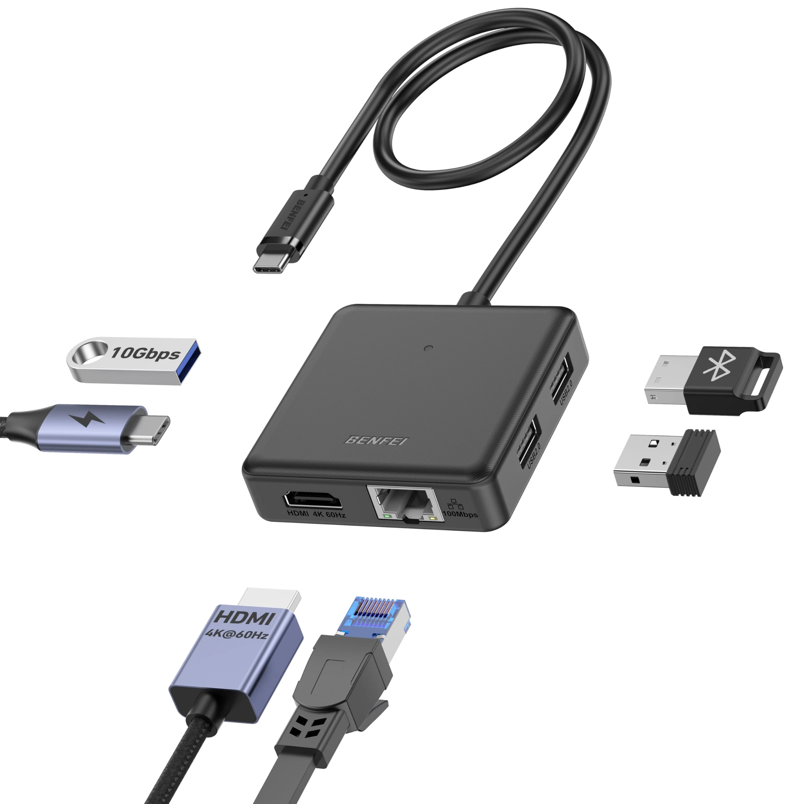 BENFEI USB C HUB 6in1 with HDMI(4K@60Hz), 100Mbps Ethernet, 100W Power Delivery, 1*USB 3.2 10Gbps and 2*USB 2.0, compatible with iPhone 16 Pro/Max MacBook iPad Pro iMac S23 XPS17