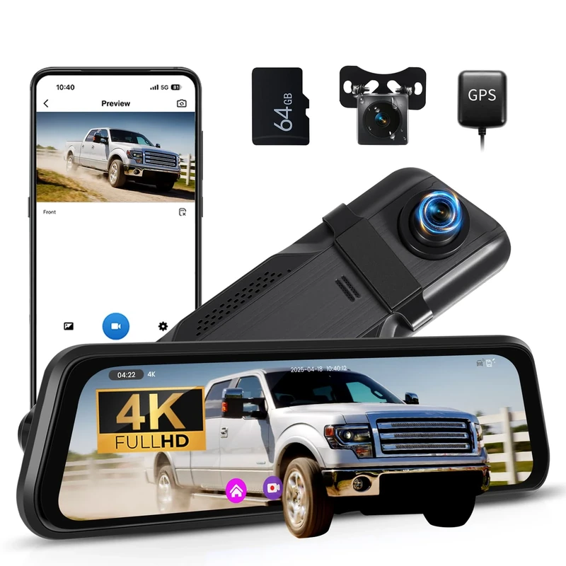 OiLiehu 9.66" 4K Mirror Dash Cam, Smart Rear View Mirror Camera, 4K+1080P Dash Cam Front and Rear, Night Vision, Parking Assist, G-sensor, Loop Record, APP Control, ADAS, BSD, Include 64G Card & GPS