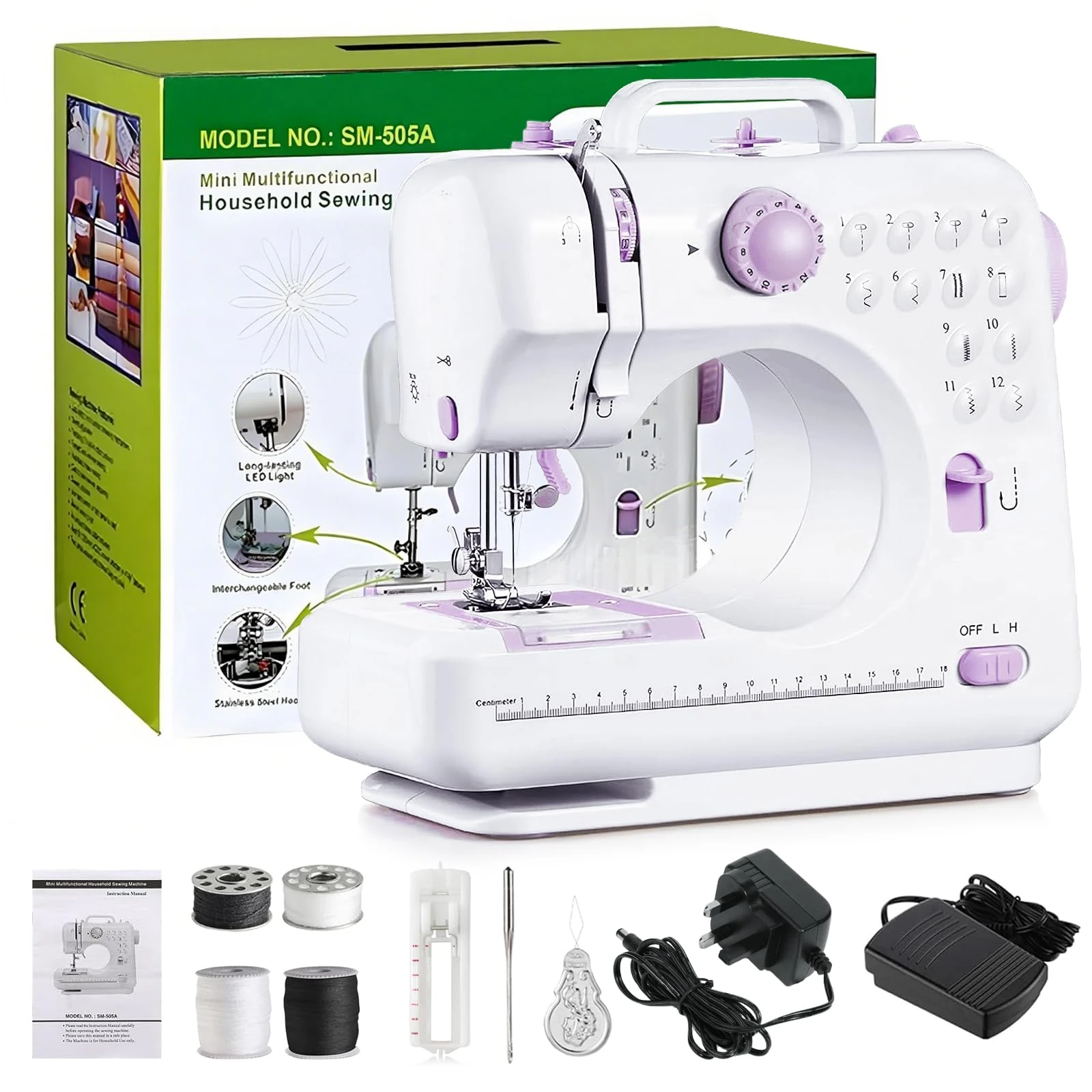 Mini Sewing Machine for Beginner, Portable Electric Sewing Machines, Small Home Sewing Machine with LED Light, 12 Built-in Stitch Patterns with UK Plug, 2 Speed with Foot Pedal, Household Stitch Tool