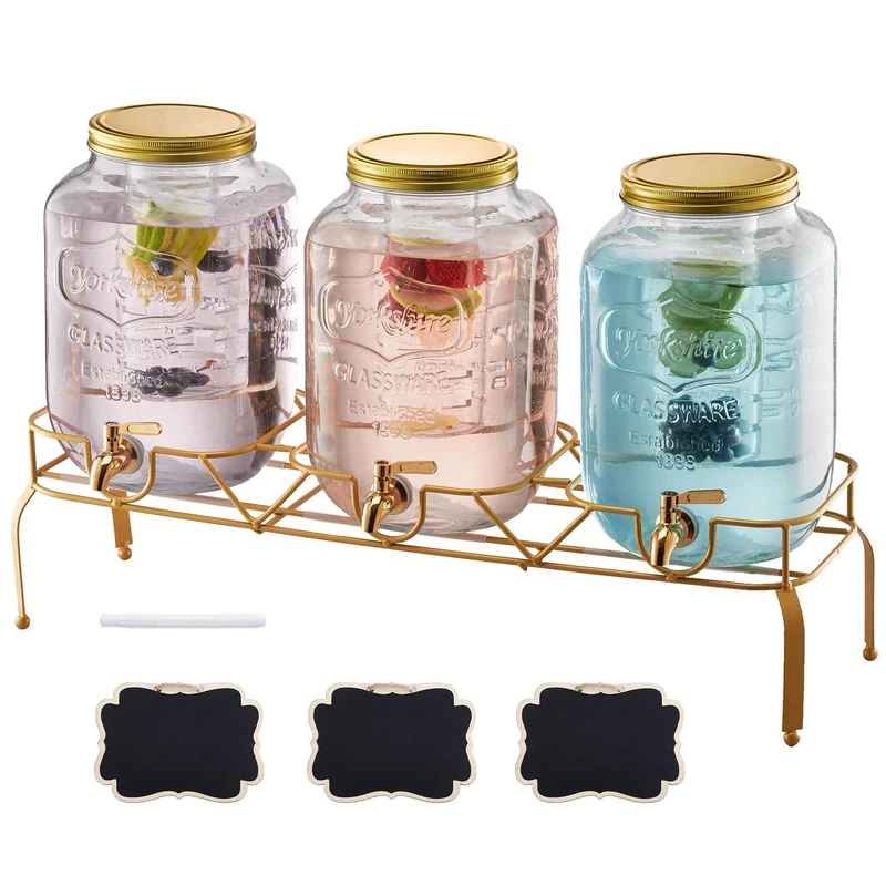 VEVOR Beverage Dispenser, 3 Pack 8L Drink Dispensers for Parties, Glass Juice Dispenser with Metal Stand, Stainless Steel Spigot, Infuser, Iced Tea Lemonade Juice Water Dispensers for Parties