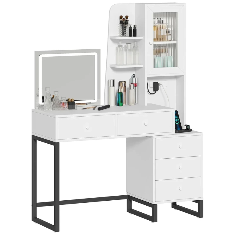 DWVO 5 Drawers Dressing Table, Vanity Makeup Table with Side Cabinet, Makeup Desk with Adjustable Brightness LED Light & USB Ports & Outlets, White