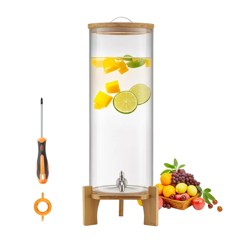 VEVOR Beverage Dispenser, 13L Drink Dispensers for Parties, Glass Juice Dispenser with Wood Stand, Stainless Steel Spigot, Iced Tea Lemonade Juice Water Dispensers for Parties
