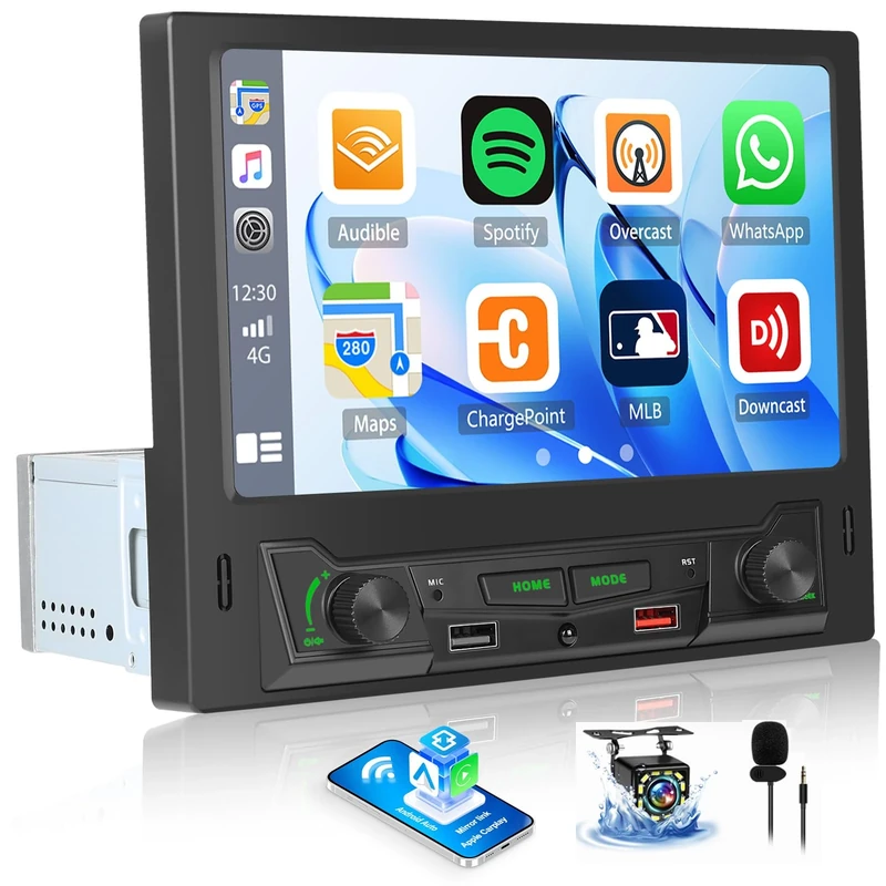 OiLiehu Single Din Car Stereo with Wireless CarPlay Android Auto, 8" Car Radio 1 Din with 1080P Touchscreen, Mirror Link, Bluetooth, FM/AM Radio, USB, DSP, EQ, SWC, Back Camera, Microphone