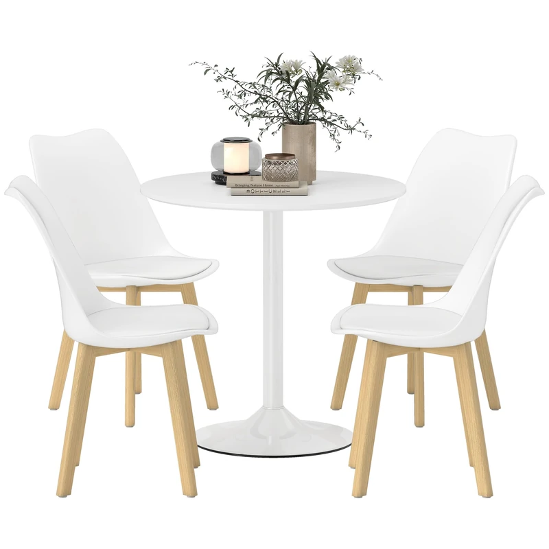 HOMCOM 80cm Round Dining Table and Chairs Set 4, Pedestal Kitchen Table with 4 PU Padded Chairs, Solid Wood Legs, Modern Dining Room Set for Small Space, Living Room, White