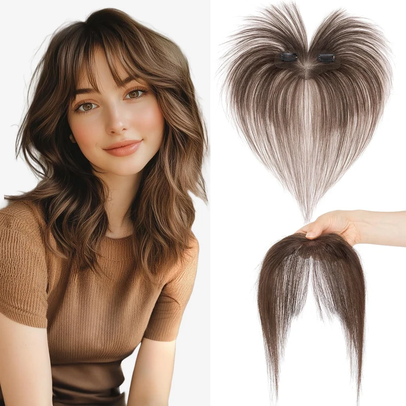 S-noilite Clip in Bangs for Women - Real Human Hair - French Bangs Hair Clip in Fringe with Temples #2 Dark Brown