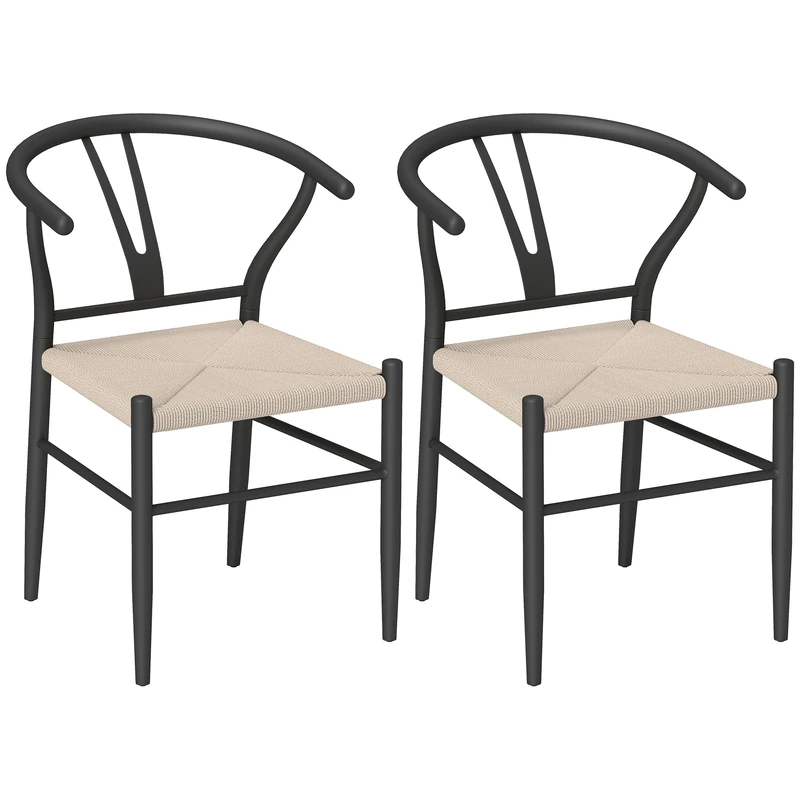 HOMCOM Weave Dining Chairs Set of 2, Mid-Century Modern Metal Kitchen Chairs with Y-Shaped Backrest and Hemp Seat for Dining Room, Living Room, Bedroom, Black