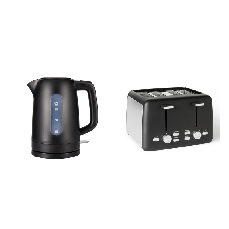 Amazon Basics Electric Kettle 1.7L + 4 SliceToaster with Extra Wide Slots, Matte Black