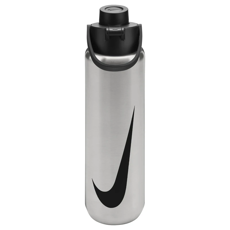 Nike SS Recharge Chug Bottle 24oz 709 ml Stainless Steel Water Bottle Sports Bottle Training Graphic, Brushed Stainless Steel/Black/Black