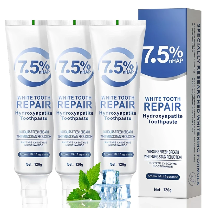 3pcs Hydroxyapatite Toothpaste UK,Hydroxyapatite Toothpaste 7.5 for Enamel Protection,Mint Flavor, Fluoride-Free Formula,Sensitivity Relief, Cavity Prevention, Fresh Breath,120g