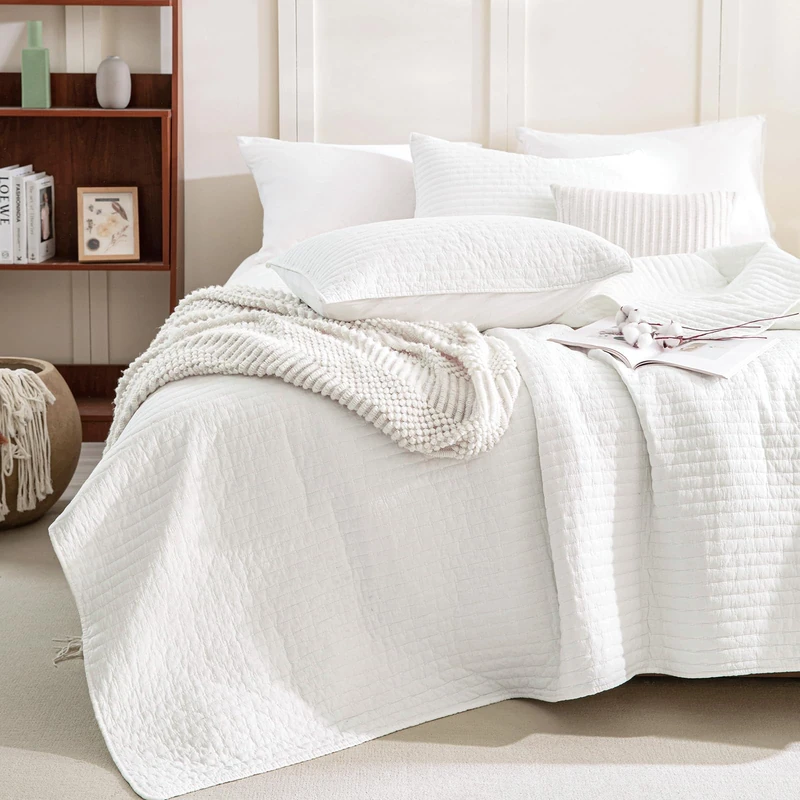 Sanracie Pre-Washed Cotton Queen Quilt Bedding Set(90"x98") ，Ultra Soft Stonewashed White Bedspread Coverlet Cross Stitch Pattern Lightweight Crinkle Quilted Bedspread Set 3Pcs for All Season