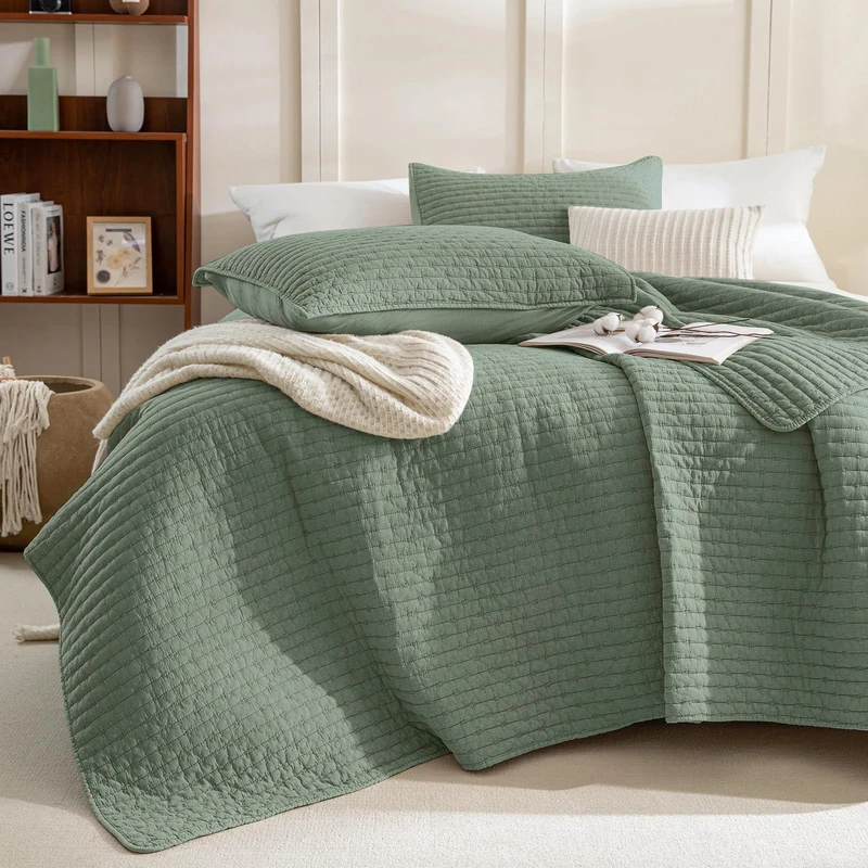 Sanracie Stonewashed Oversized King Quilt(120"x120"), Cotton Green Cross Stitch Pattern California King Quilt Sets 3Pcs Ultra Soft Breathable Crinkle Bed Coverlet Set for All Season